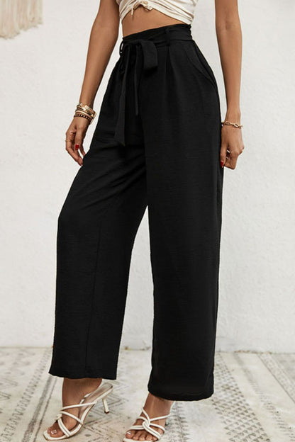 Belted Pleated Waist Wide Leg Pants-Teresa&#39;s Fashionista LLC