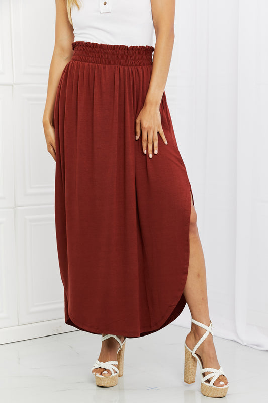 Zenana It's My Time Full Size Side Scoop Scrunch Skirt in Dark Rust-Teresa&#39;s Fashionista LLC