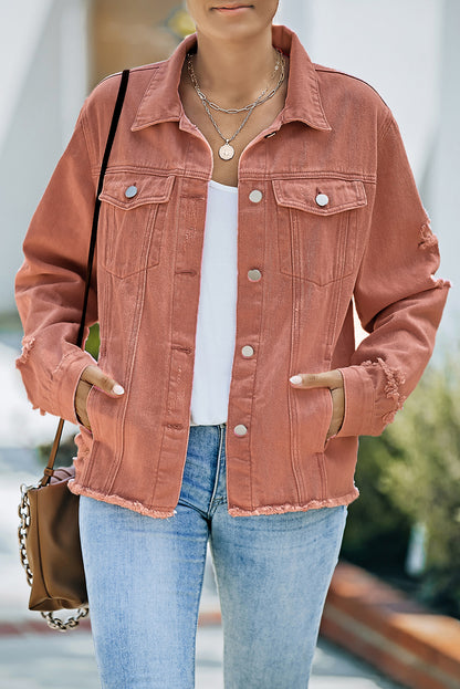 Distressed Raw Hem Denim Jacket-Teresa&#39;s Fashionista LLC