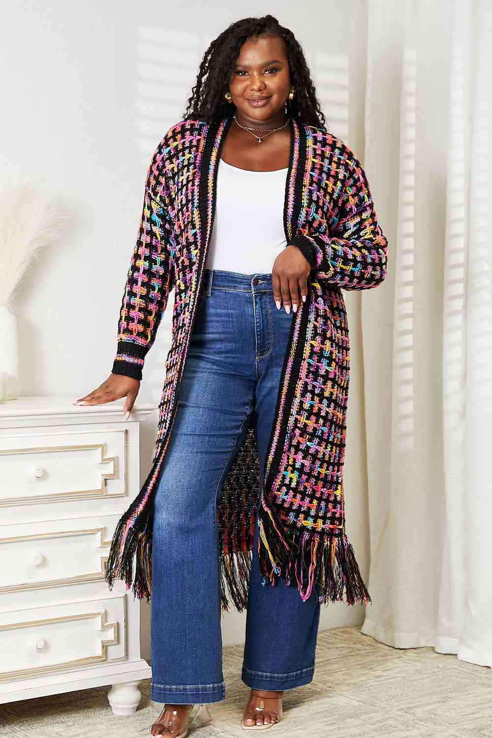 Double Take Full Size Multicolored Open Front Fringe Hem Cardigan-Teresa&#39;s Fashionista LLC