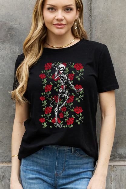 Simply Love Full Size Skeleton & Rose Graphic Cotton Tee-Teresa&#39;s Fashionista LLC