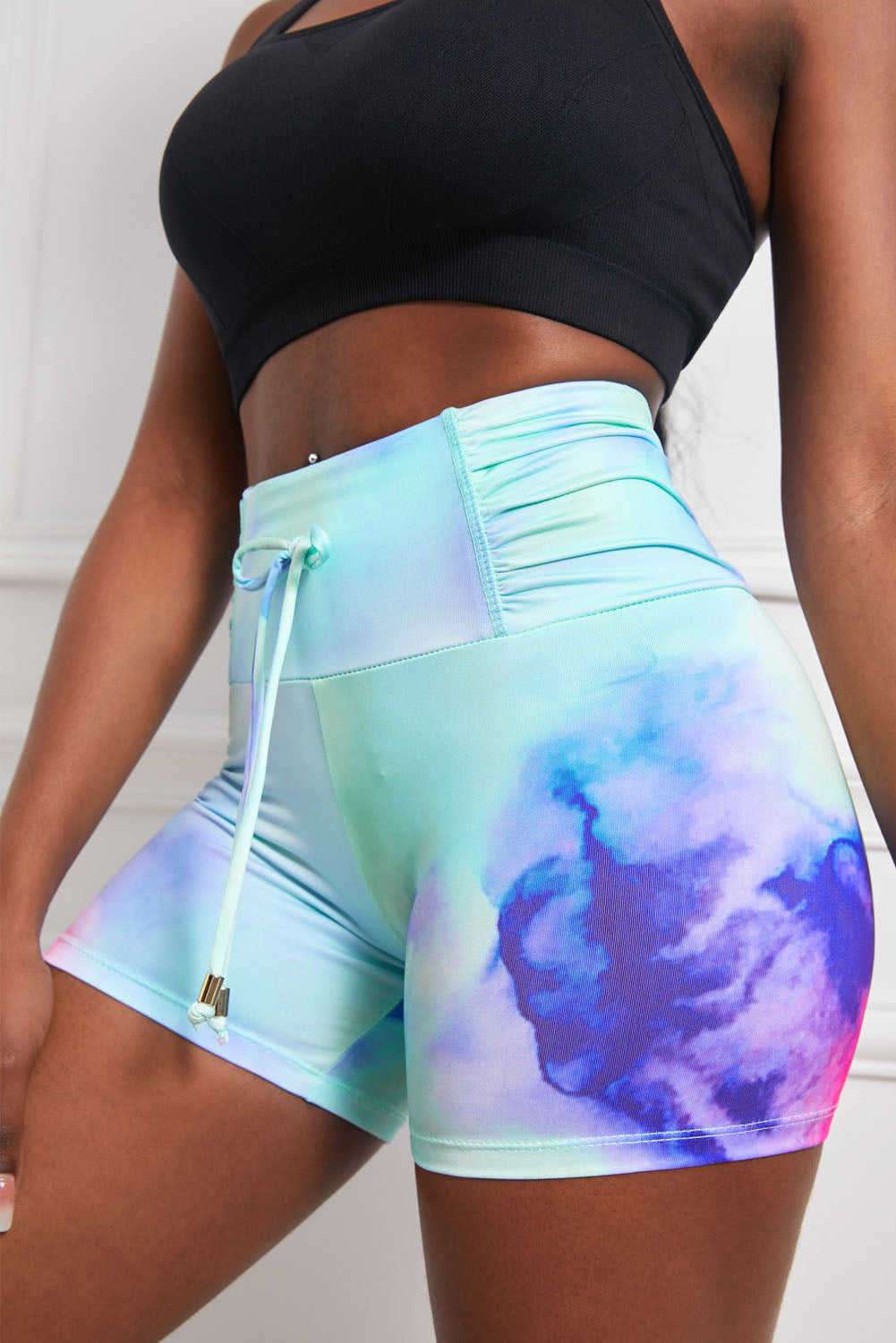 Tie-Dye Tie Detail Ruched Sports Shorts-Teresa&#39;s Fashionista LLC