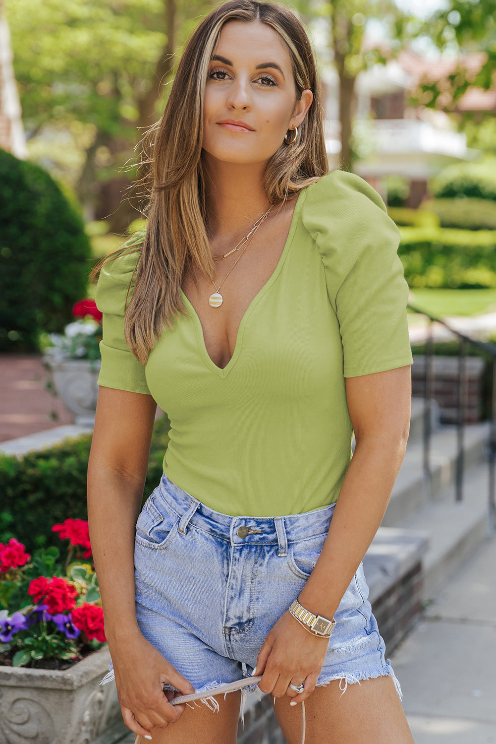 Deep V Puff Sleeve Top-Teresa&#39;s Fashionista LLC