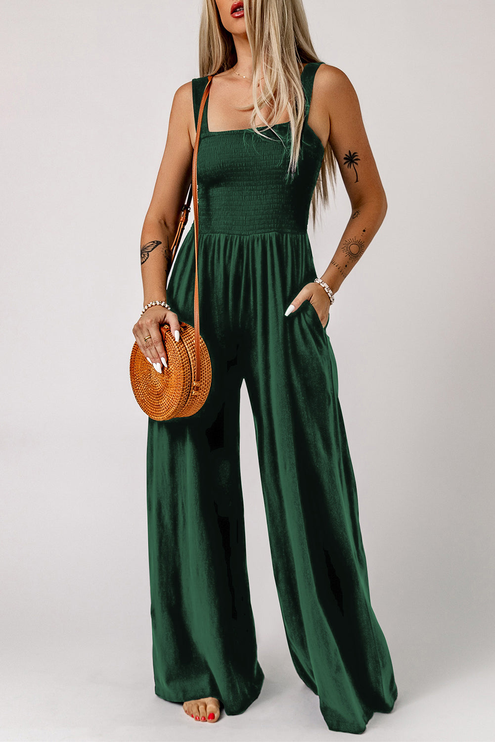 Smocked Square Neck Wide Leg Jumpsuit with Pockets-Teresa&#39;s Fashionista LLC