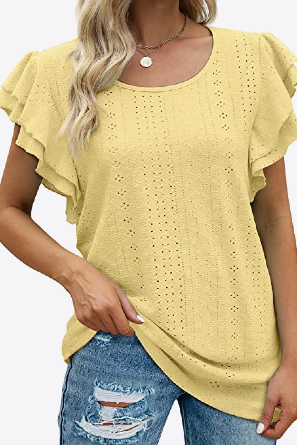 Round Neck Layered Flutter Sleeve Blouse-Teresa&#39;s Fashionista LLC