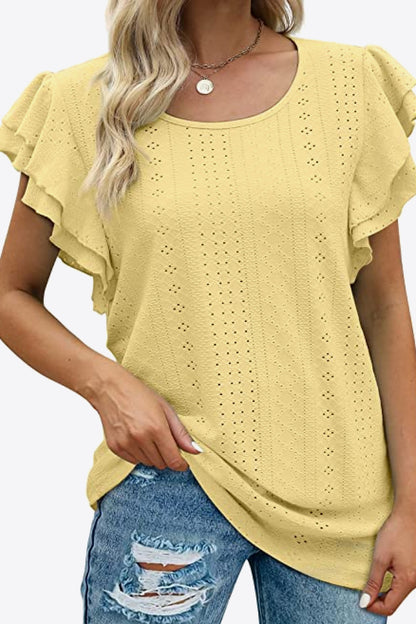 Round Neck Layered Flutter Sleeve Blouse-Teresa&#39;s Fashionista LLC