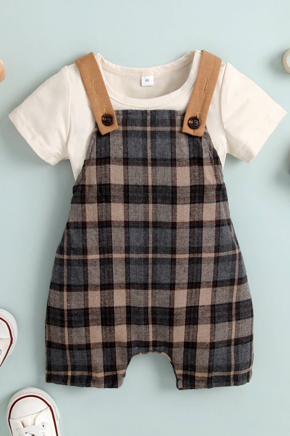 Baby Round Neck Tee and Plaid Overalls Set-Teresa&#39;s Fashionista LLC