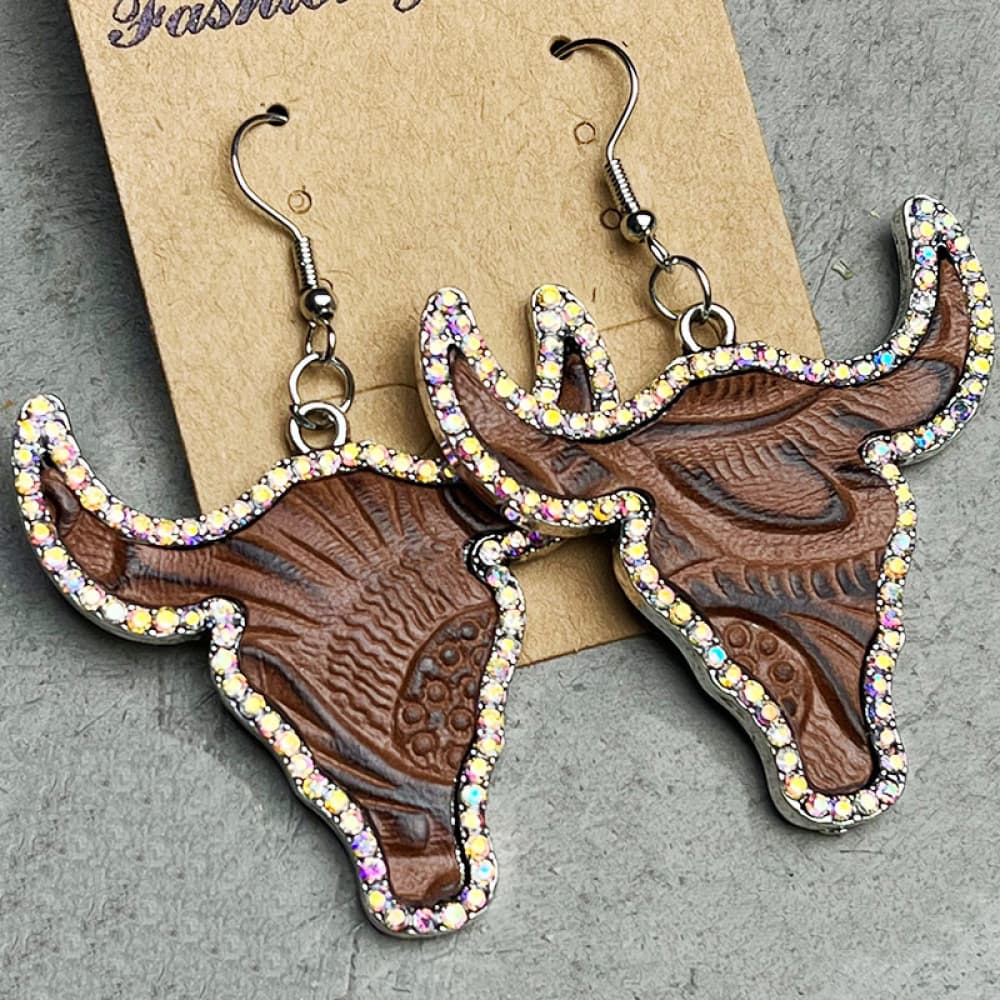 Rhinestone Trim Alloy Bull Earrings-Teresa&#39;s Fashionista LLC