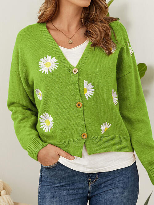 Flower Button Front Dropped Shoulder Cardigan-Teresa&#39;s Fashionista LLC