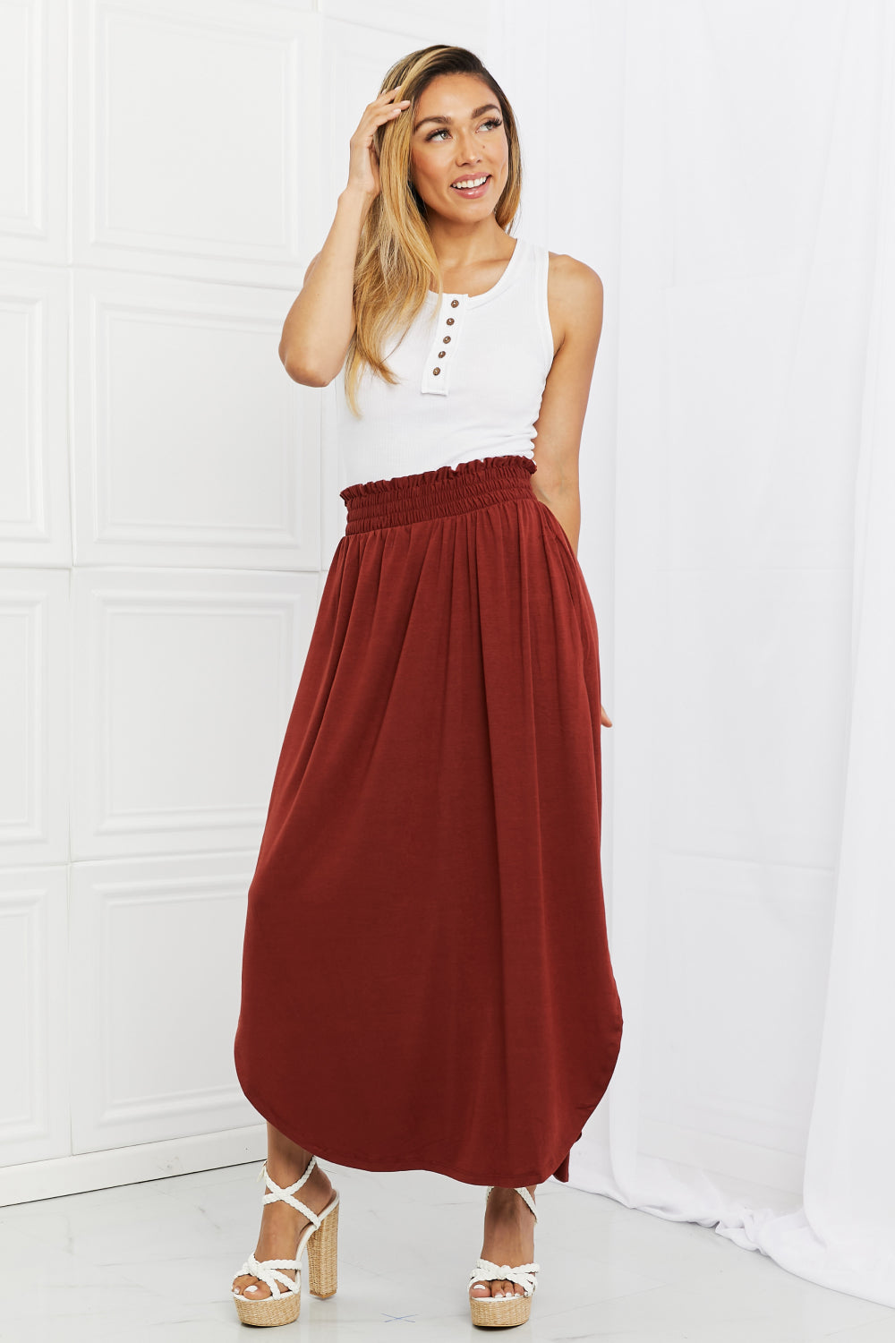 Zenana It's My Time Full Size Side Scoop Scrunch Skirt in Dark Rust-Teresa&#39;s Fashionista LLC