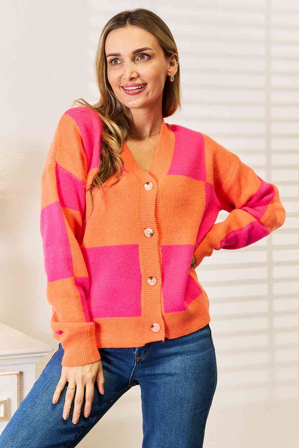 Woven Right Checkered V-Neck Dropped Shoulder Cardigan-Teresa&#39;s Fashionista LLC