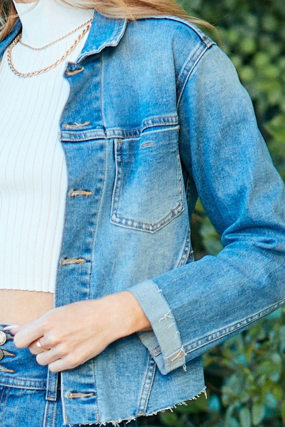 Veveret Button Up Raw Hem Denim Jacket-Teresa&#39;s Fashionista LLC