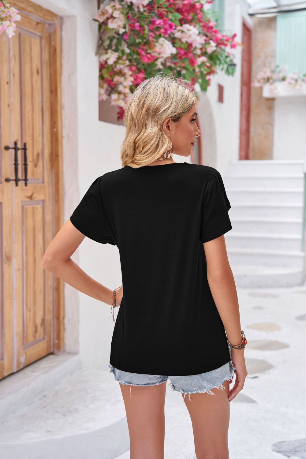 Contrast V-Neck Petal Sleeve Top-Teresa&#39;s Fashionista LLC