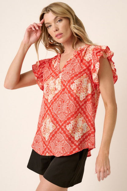 Mittoshop Full Size Printed Butterfly Sleeve Blouse-Teresa&#39;s Fashionista LLC