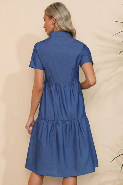 Short Sleeve Collared Button Down Denim Dress-Teresa&#39;s Fashionista LLC