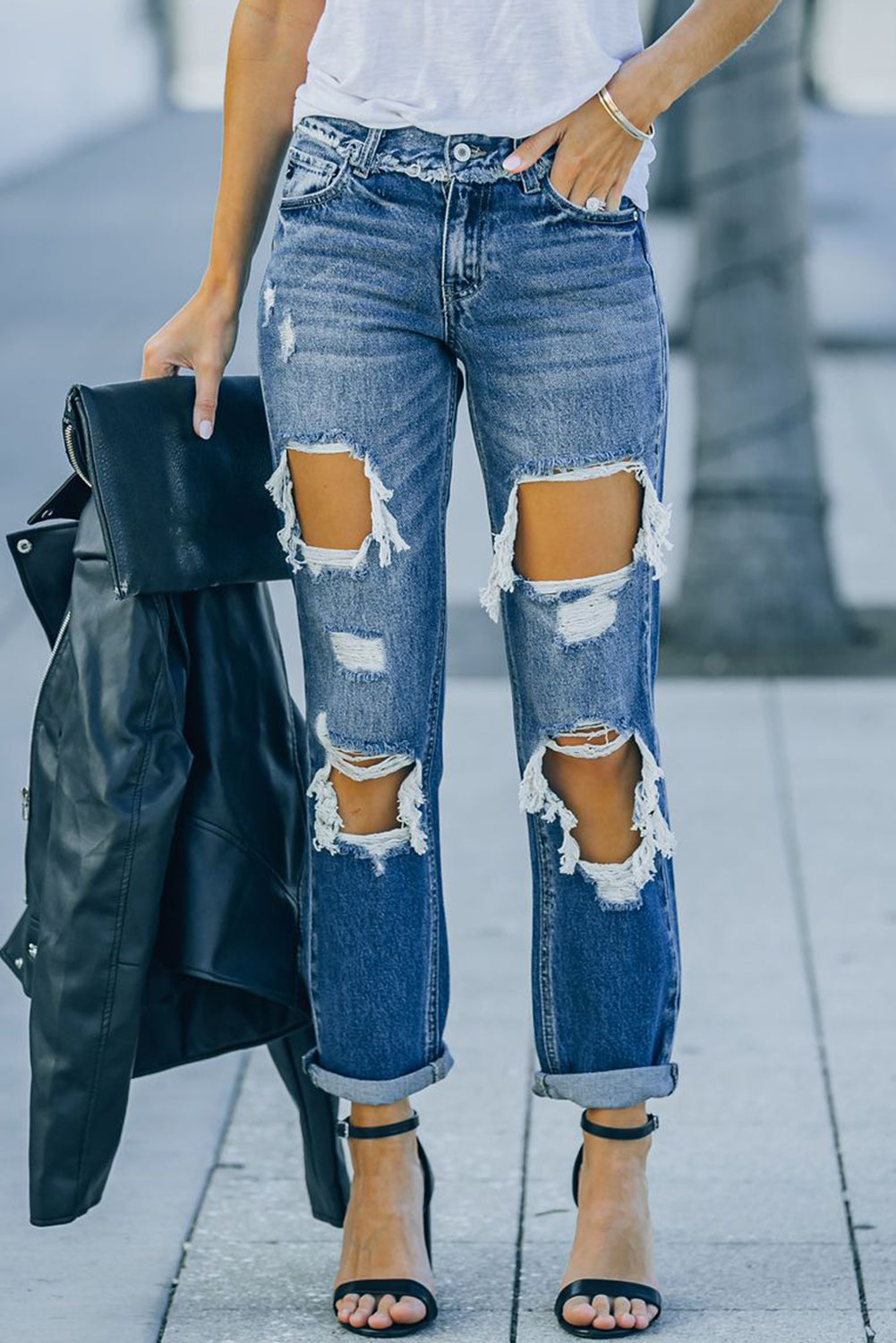 Distressed Frayed Trim Straight Leg Jeans-Teresa&#39;s Fashionista LLC