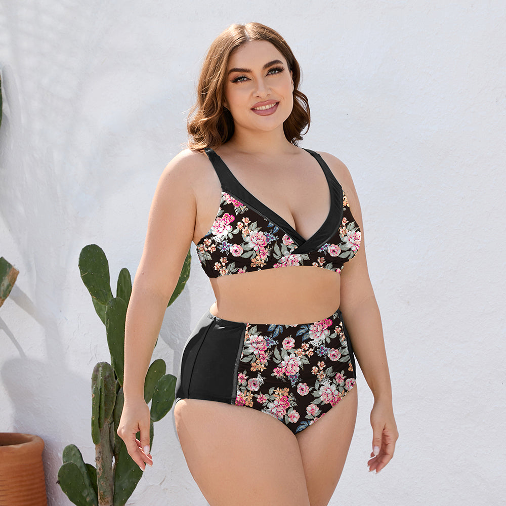 Plus Size Floral High Waist Two-Piece Swim Set-Teresa&#39;s Fashionista LLC