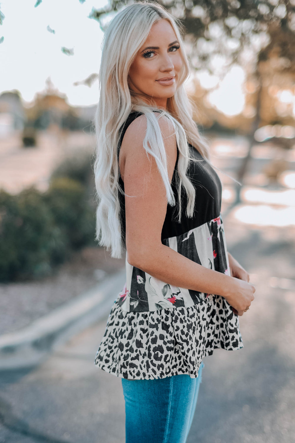 Leopard Floral Color Block V-Neck Tank Top-Teresa&#39;s Fashionista LLC