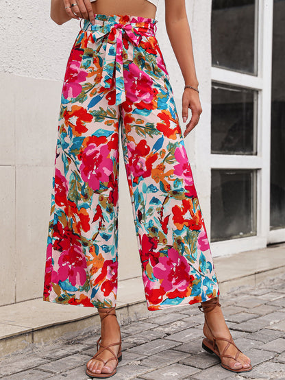 Floral Tie Belt Wide Leg Pants-Teresa&#39;s Fashionista LLC