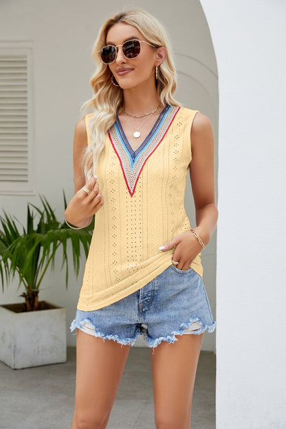 Contrast V-Neck Eyelet Tank-Teresa&#39;s Fashionista LLC