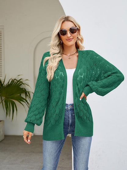 Openwork Open Front Lantern Sleeve Cardigan-Teresa&#39;s Fashionista LLC