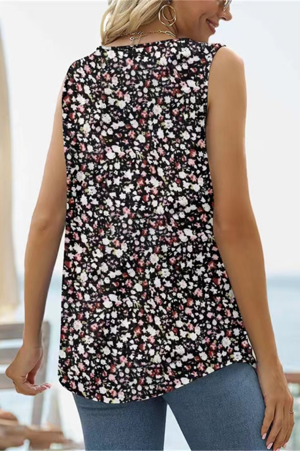 Printed Square Neck Curved Hem Tank-Teresa&#39;s Fashionista LLC