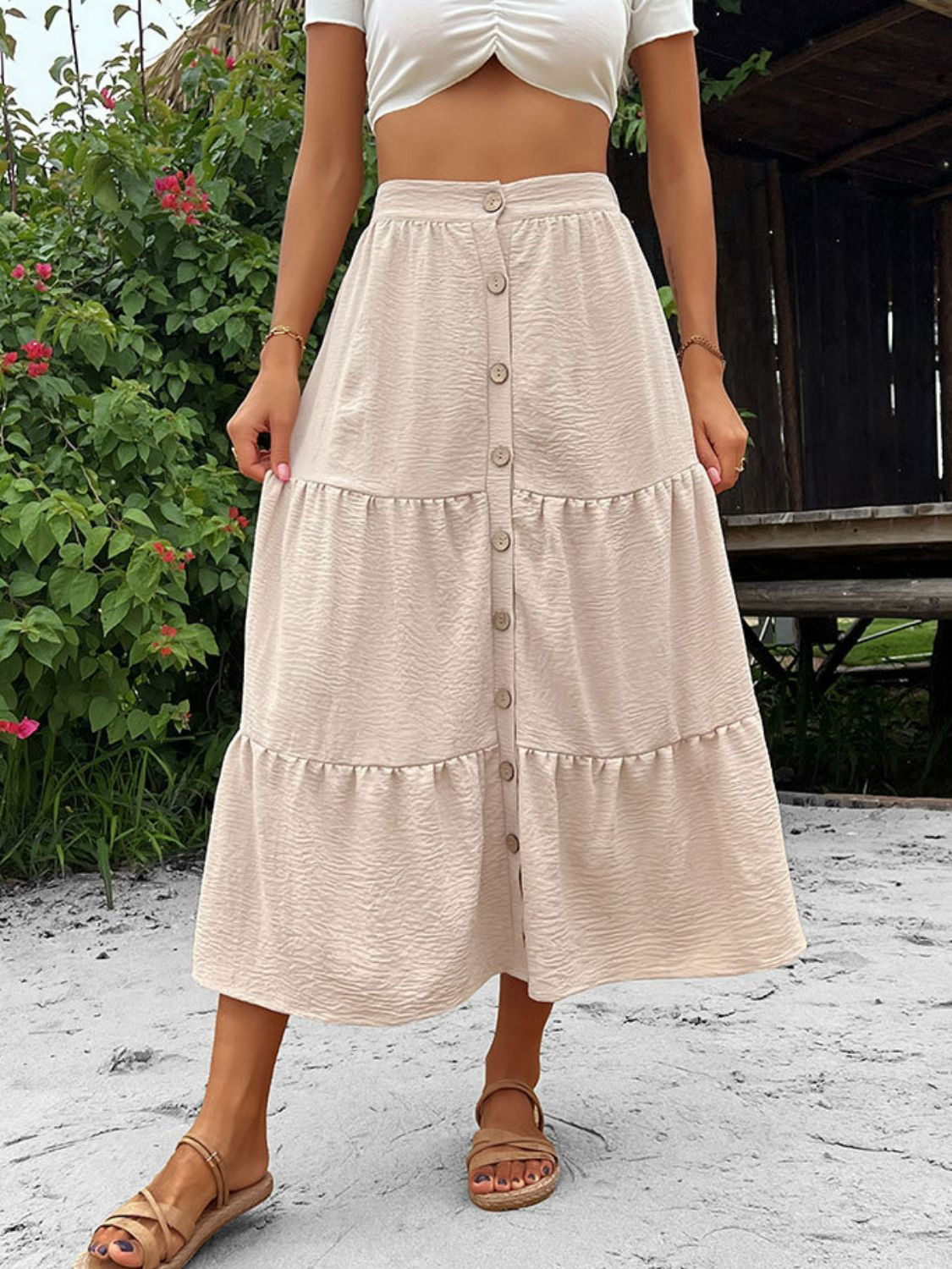 Button Down Tiered Midi Skirt-Teresa&#39;s Fashionista LLC