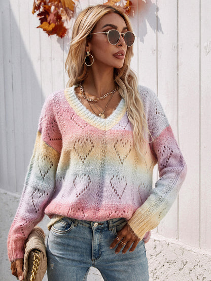 Tie-Dye V-Neck Drop Shoulder Pullover Sweater-Teresa&#39;s Fashionista LLC