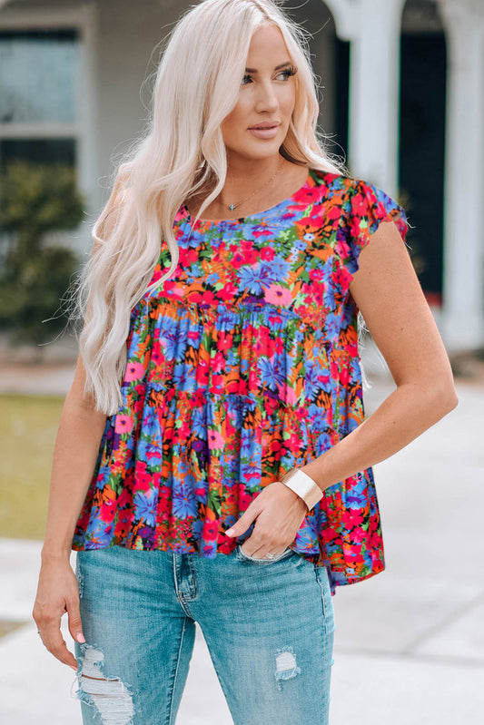 Floral Round Neck Frill Trim Blouse-Teresa&#39;s Fashionista LLC