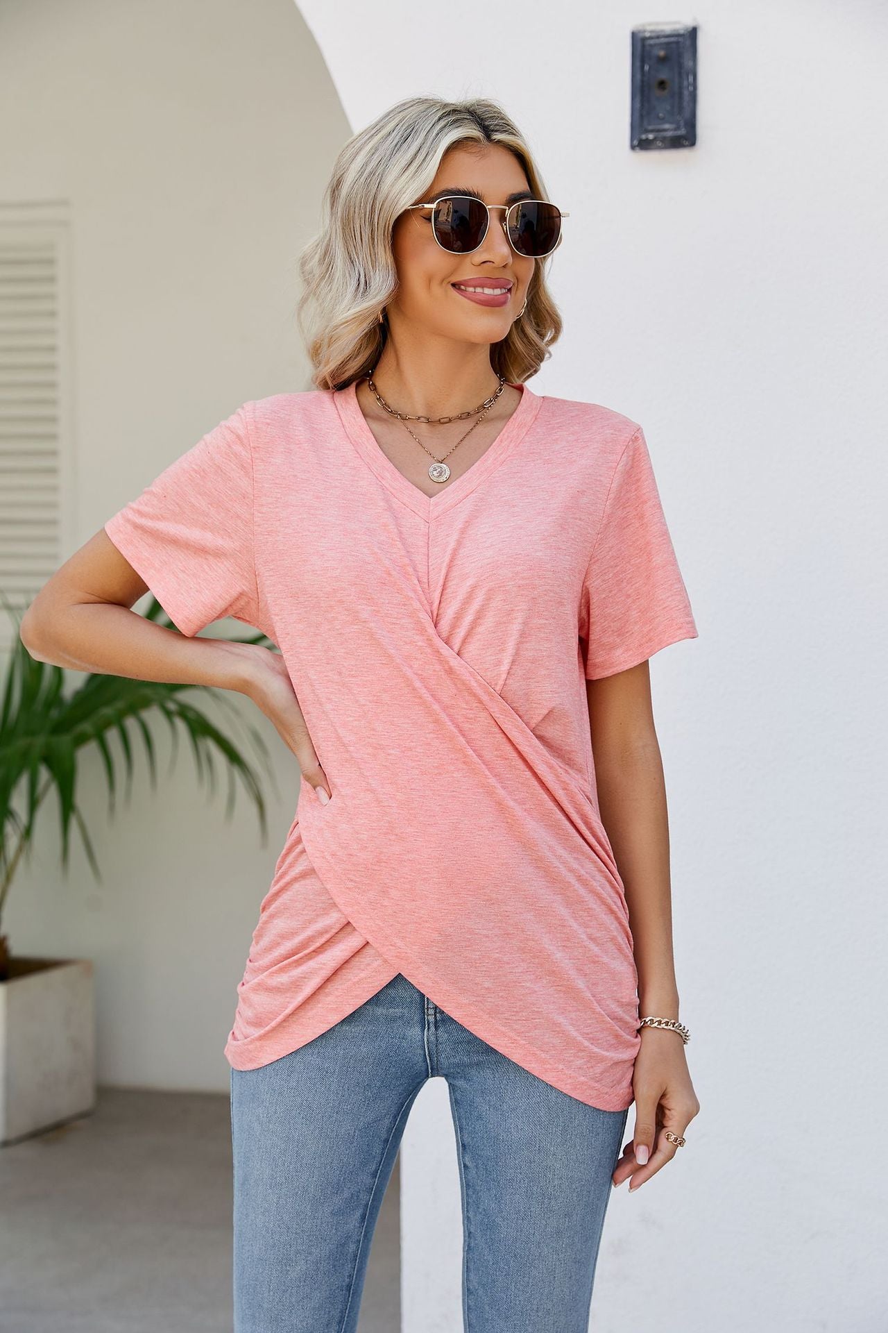 V-Neck Crisscross Short Sleeve Tee-Teresa&#39;s Fashionista LLC