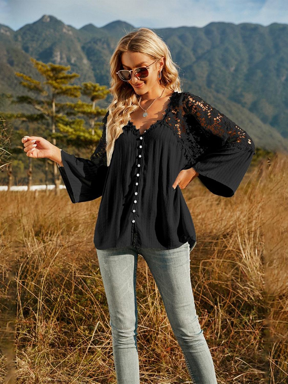 Spliced Lace Buttoned Blouse-Teresa&#39;s Fashionista LLC