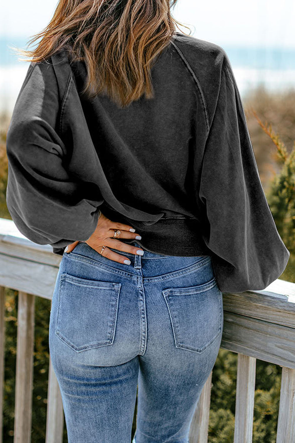 Quarter-Snap Collared Lantern Sleeve Sweatshirt-Teresa&#39;s Fashionista LLC