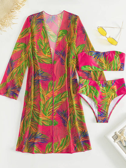 Botanical Print Tube Top, Swim Bottoms, and Cover Up Set-Teresa&#39;s Fashionista LLC