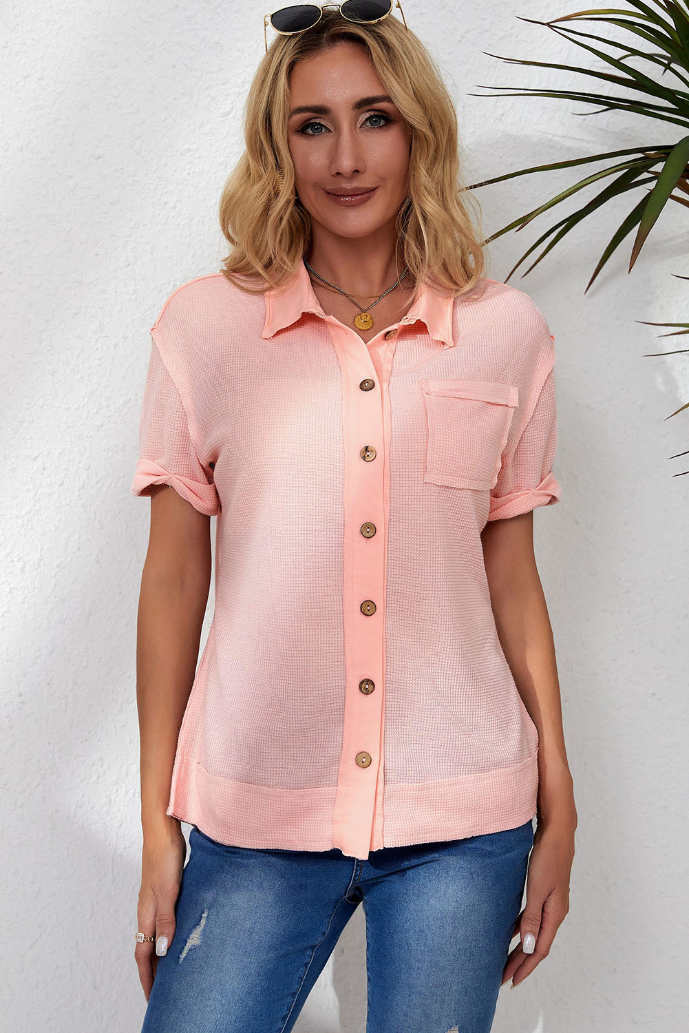 Exposed Seam Short Sleeve Shirt-Teresa&#39;s Fashionista LLC