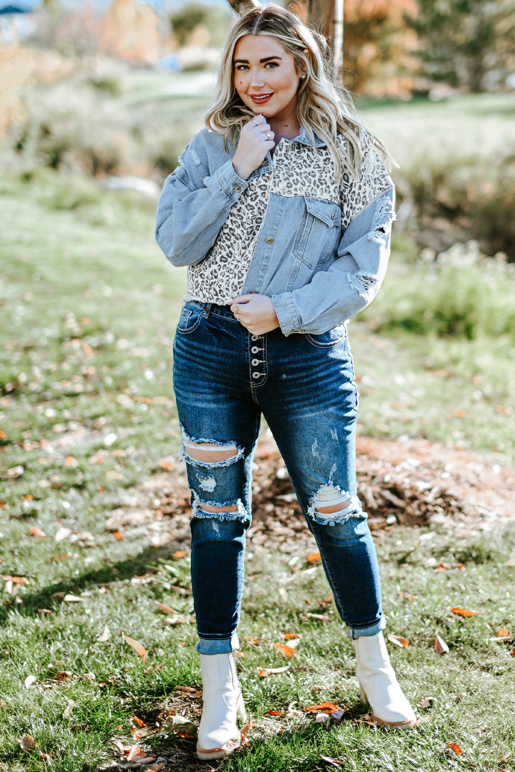 Plus Size Leopard Raw Hem Distressed Spliced Denim Jacket-Teresa&#39;s Fashionista LLC