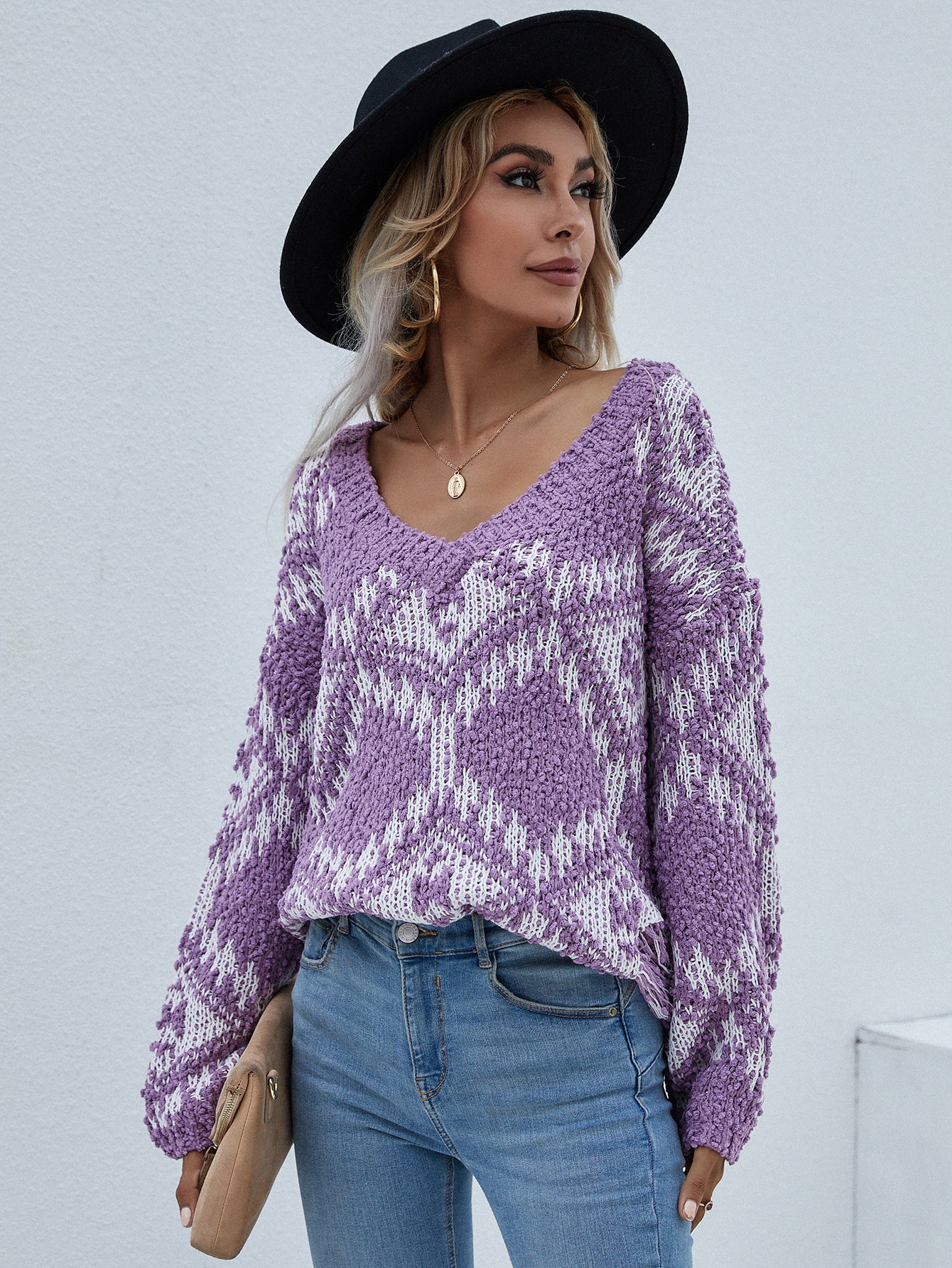 Geometric Print Chunky Knit Sweater-Teresa&#39;s Fashionista LLC