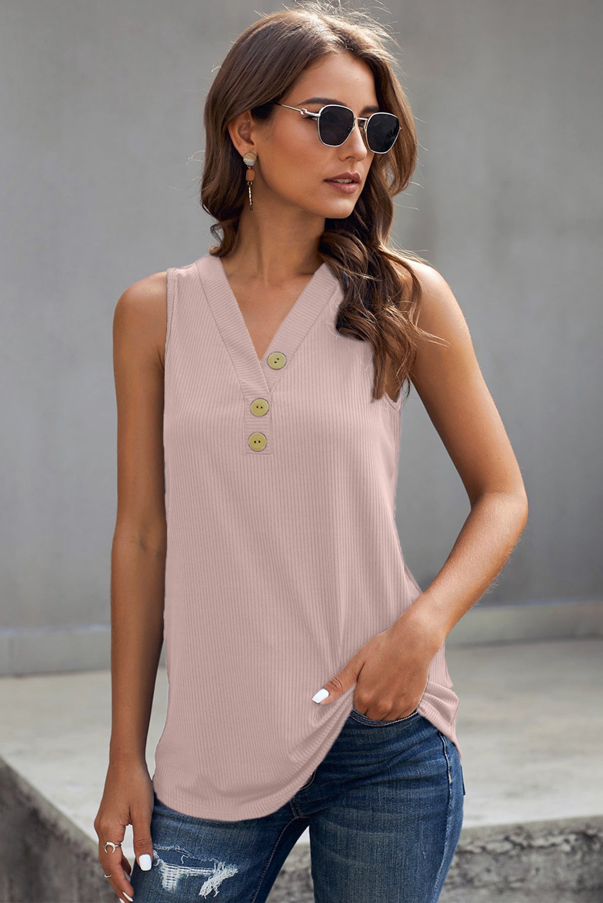 Ribbed Buttoned V-neck Tank-Teresa&#39;s Fashionista LLC