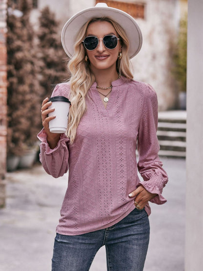 Eyelet Notched Neck Flounce Sleeve Blouse-Teresa&#39;s Fashionista LLC