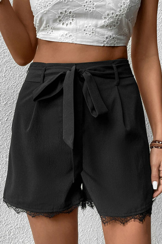 Tie Belt Lace Trim Shorts-Teresa&#39;s Fashionista LLC