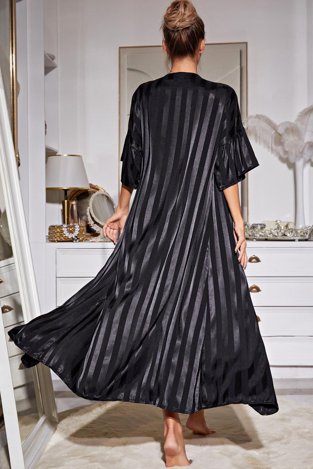 Striped Flounce Sleeve Open Front Robe and Cami Dress Set-Teresa&#39;s Fashionista LLC