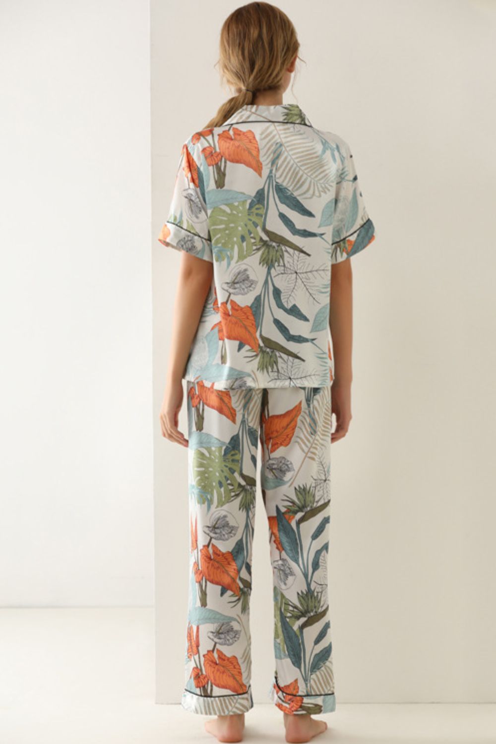 Botanical Print Button-Up Top and Pants Pajama Set-Teresa&#39;s Fashionista LLC