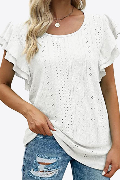 Round Neck Layered Flutter Sleeve Blouse-Teresa&#39;s Fashionista LLC