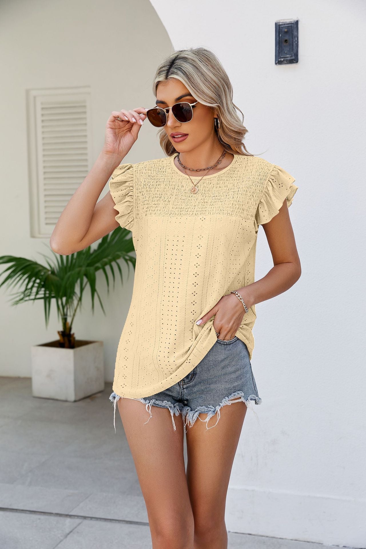 Smocked Round Neck Flutter Sleeve Top-Teresa&#39;s Fashionista LLC