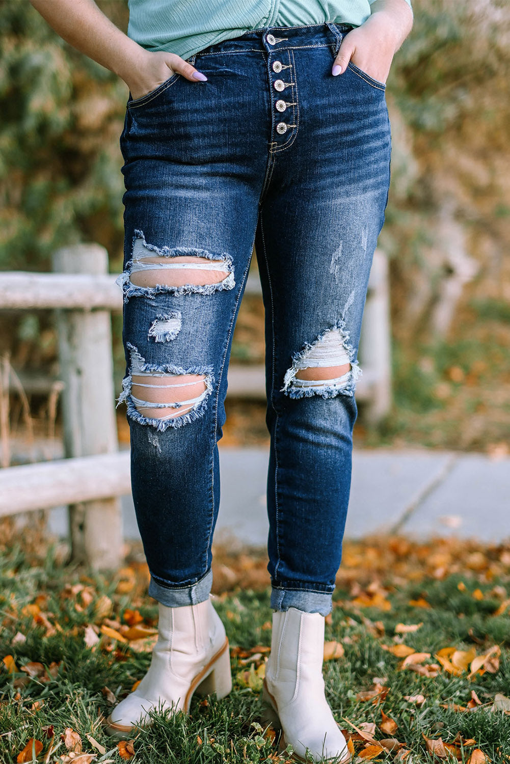 Plus Size Button Fly Distressed Jeans-Teresa&#39;s Fashionista LLC