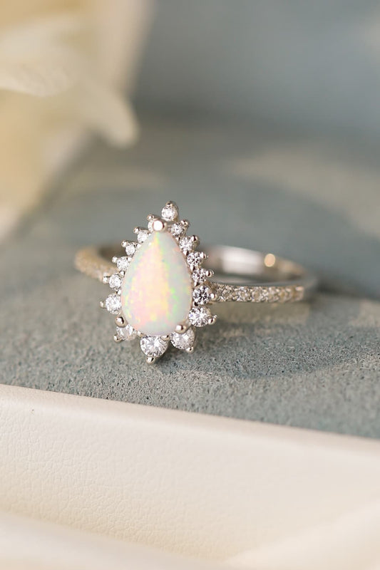 Platinum-Plated Opal Pear Shape Ring-Teresa&#39;s Fashionista LLC