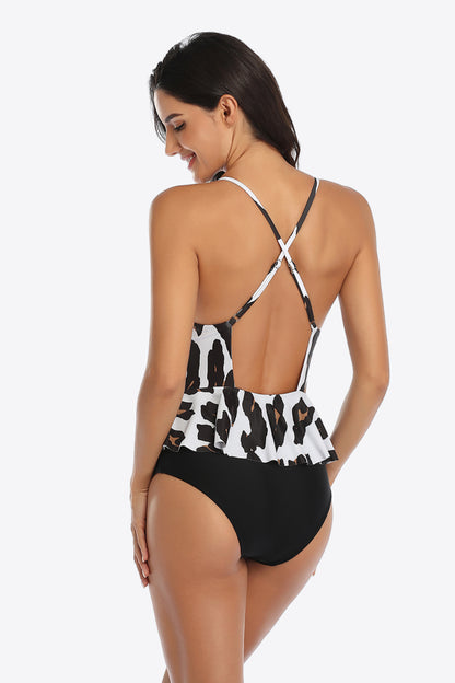 Printed Ruffled Halter Neck One-Piece Swimsuit-Teresa&#39;s Fashionista LLC