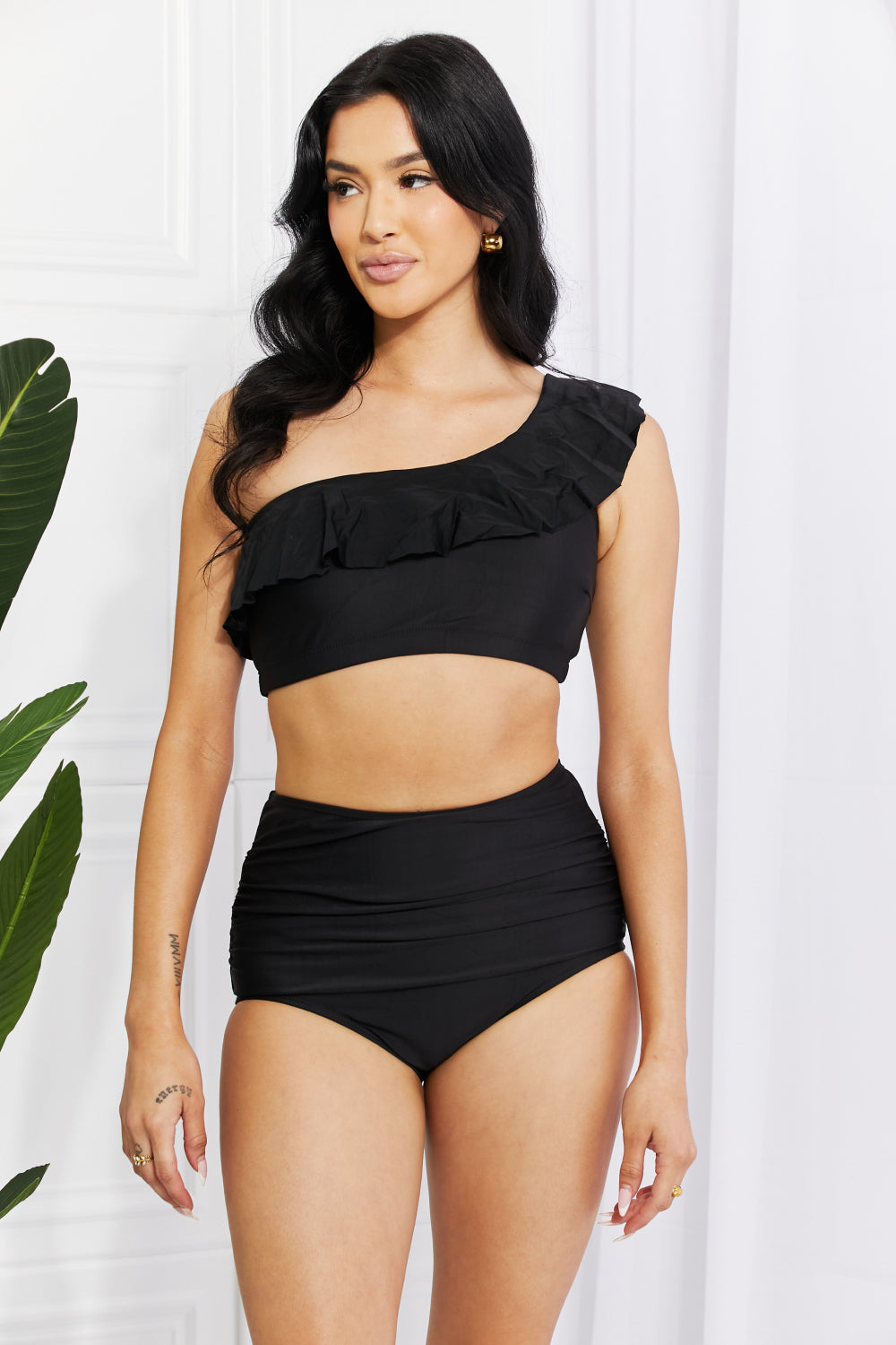 Marina West Swim Seaside Romance Ruffle One-Shoulder Bikini in Black-Teresa&#39;s Fashionista LLC