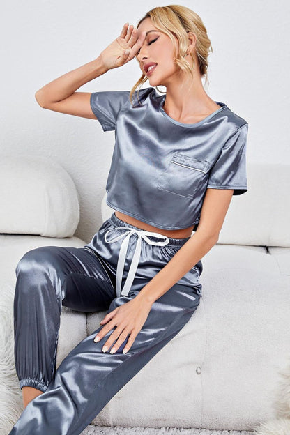 Satin Short Sleeve Crop Top and Joggers Lounge Set-Teresa&#39;s Fashionista LLC