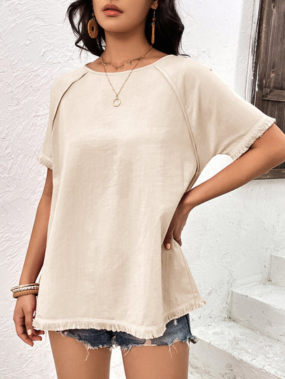 Round Neck Raglan Sleeve Fringe Detail Top-Teresa&#39;s Fashionista LLC