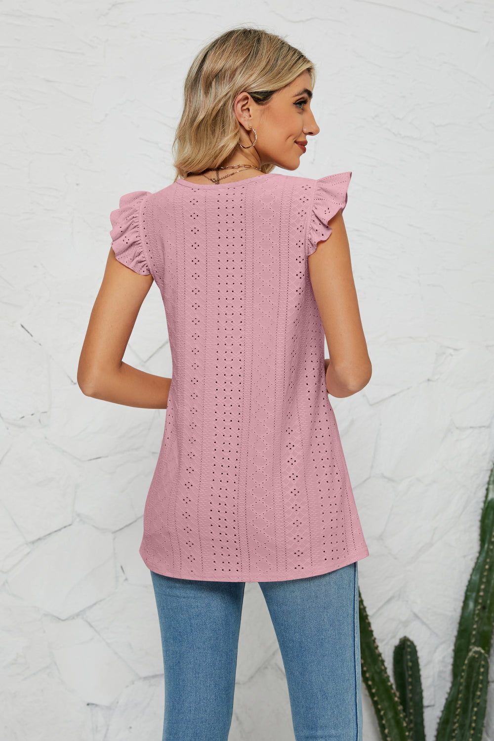 Smocked Round Neck Eyelet Top-Teresa&#39;s Fashionista LLC